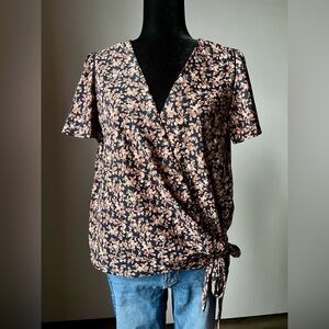 Collective Concepts Navy and Pink Floral Wrap Blouse